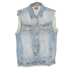 POL Denim Vest Embroidered Distressed Roses Long Oversized‎ Size M